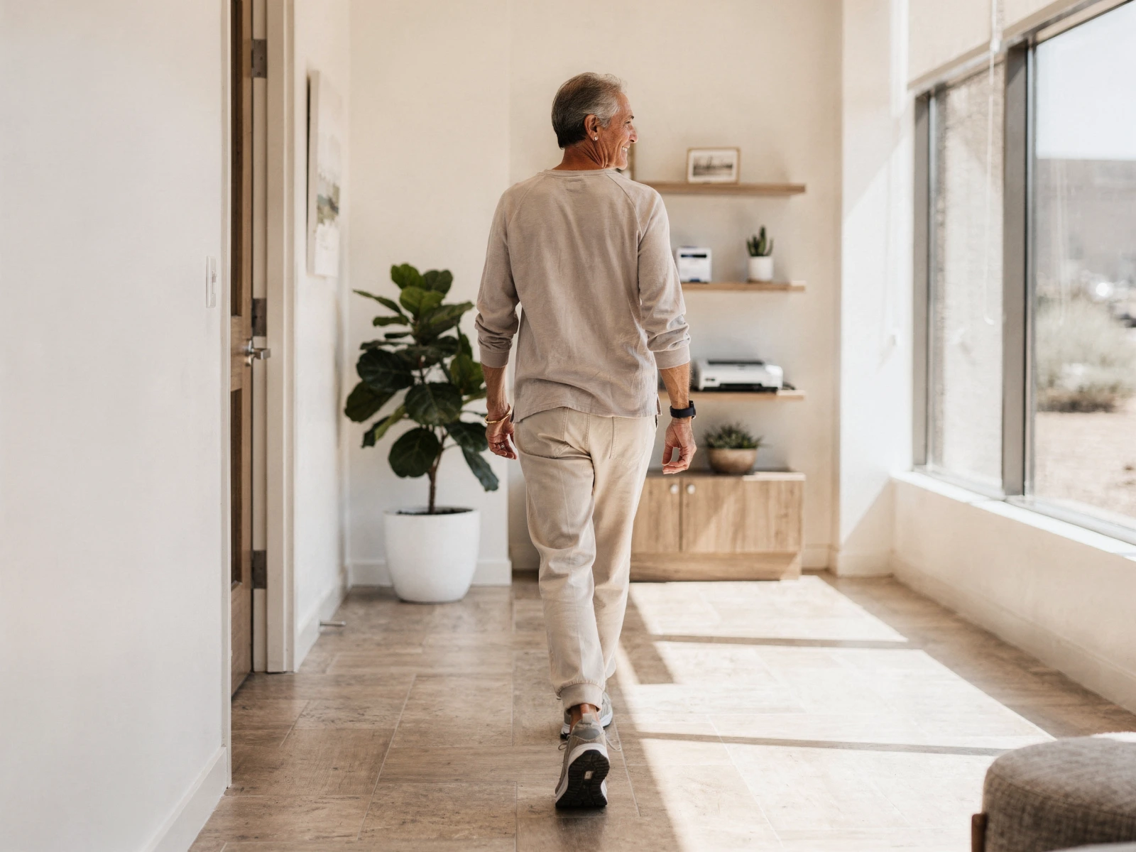 Mature man jogging through a bright hallway with wooden shelving and potted plants